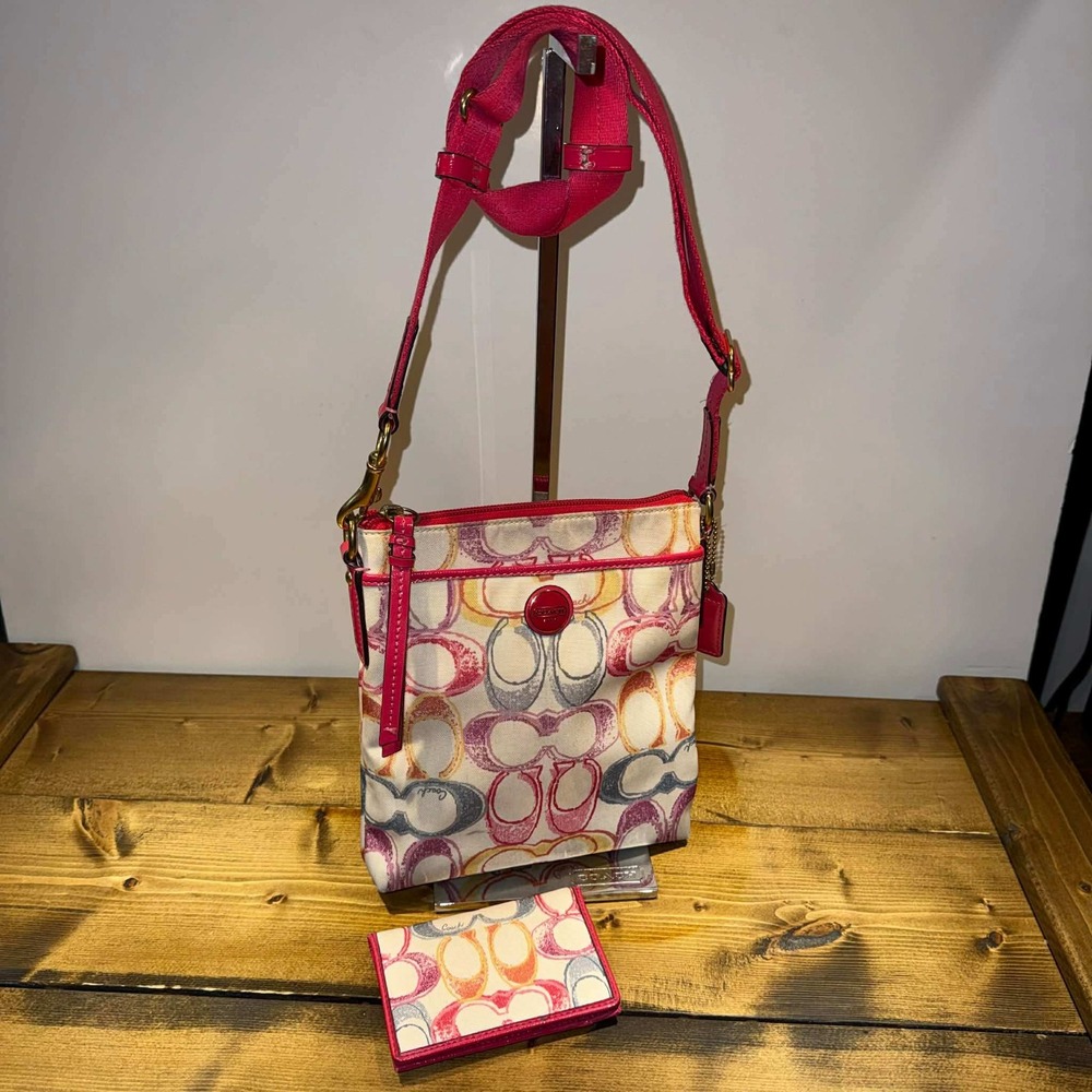 Coach Scribble Signature Crossbody Y2K Vintage Pink Multicolor Canvas + Wallet